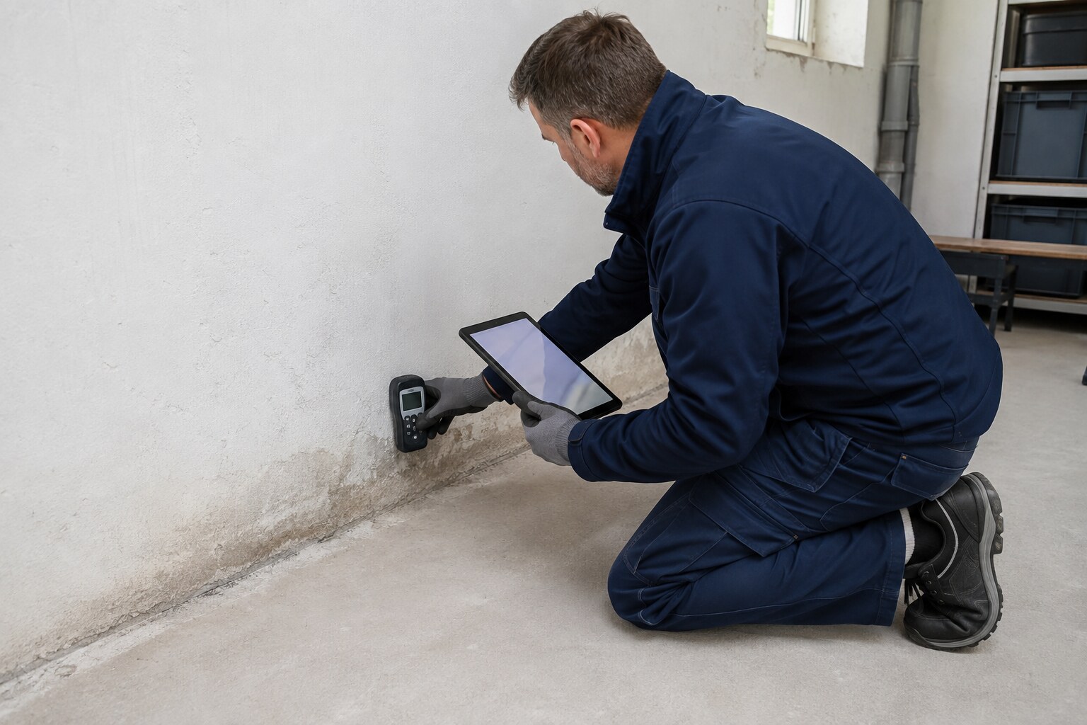 Feuchtemessung am Wand- und Bodenanschluss eines Kellerbereichs